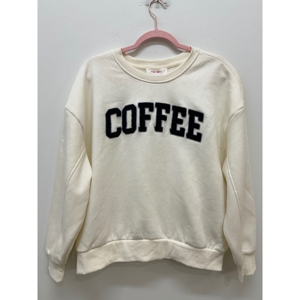 Pink Rose Coffee Sweatshirt Size L Cream White Chenille Graphic Pullover Fleece